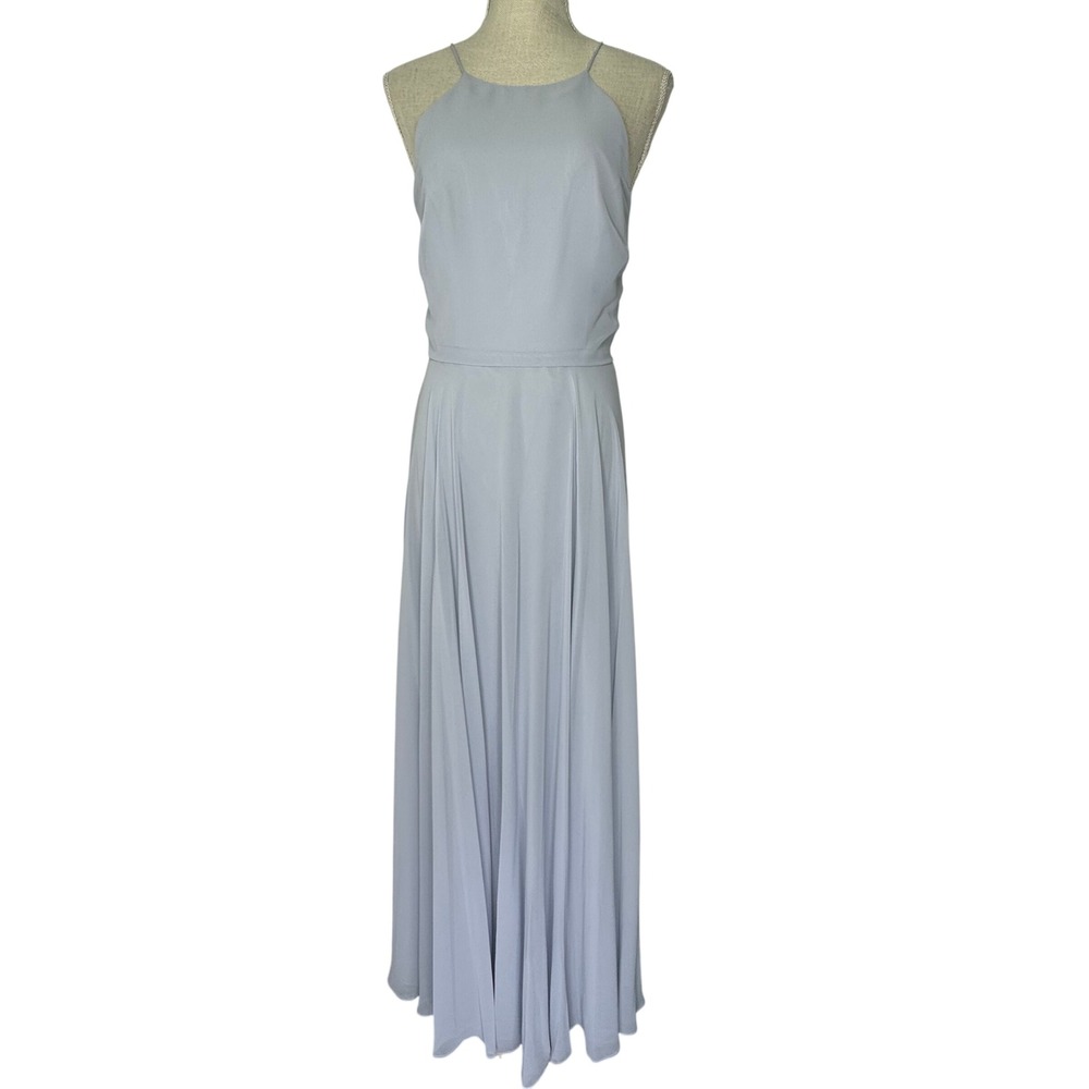 Jenny Yoo Luca High Neck Spaghetti Strap Layered Chiffon Gown